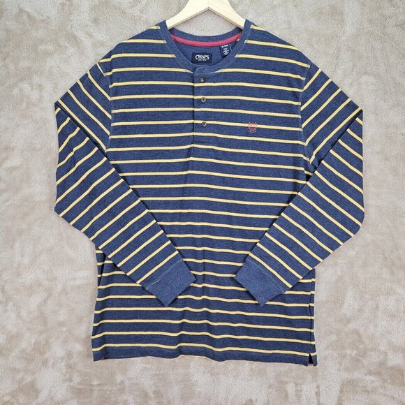 Chaps Long Sleeve Striped Club Jersey Henley Shirt 3 Buttons Blue/Yellow Mens XL - Picture 1 of 10